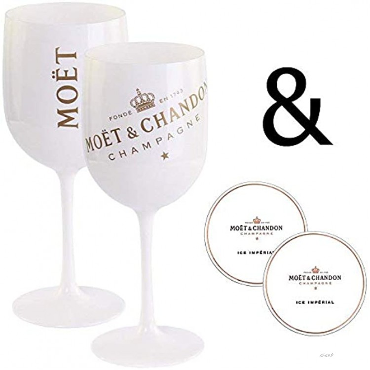Moët & Chandon Ice Impérial Lot de 2 coupes à champagne en acrylique 0,45 l Coupe calice Blanc doré Sous-verres 2 pièces inclus.