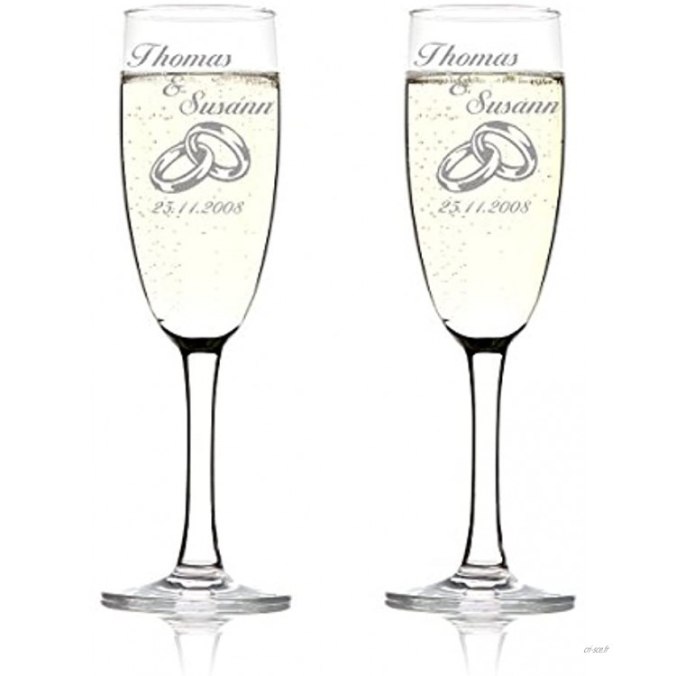 polar-effekt Lot de 2 flûtes à champagne personnalisées avec gravure – Cadeau de mariage pour couple de mariés – Nom et date – Idée cadeau de mariage – Verres de mariage pour couples – Deux anneaux