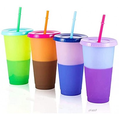 Gobelets en plastique à changement de couleur 710 ml Gobelets en plastique avec paille et couvercle 4 couleurs Réutilisables Sans BPA Pour enfants et adultes