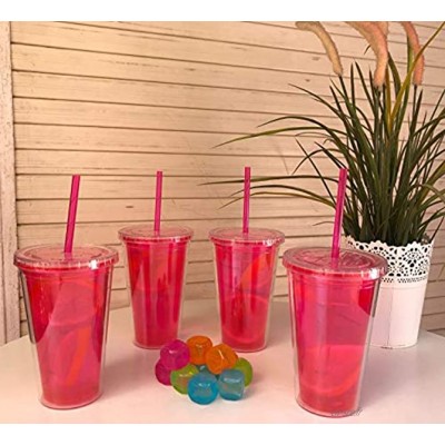 Lot de 4 verres en plastique acrylique double paroi avec couvercle à visser et paille réutilisable de 500 ml – Sans BPA Rouge