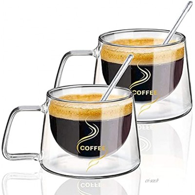 CSPONE Lot de 2 tasses à café en verre avec cuillère en verre double paroi Transparent Anti-essorage pour thé lait cappuccino 200 ml