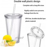 Gobelet en plastique réutilisable double paroi transparent avec paille réutilisable convient pour le café au jus de fruits – 500 ml