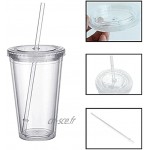 Gobelet en plastique réutilisable double paroi transparent avec paille réutilisable convient pour le café au jus de fruits – 500 ml