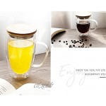 KINGBOO Tasses à double paroi en verre transparent avec poignée et couvercle pour thé café latte cappuccino 350 ml avec couvercle en bambou
