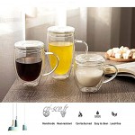 KINGBOO Tasses à double paroi en verre transparent avec poignée et couvercle pour thé café latte cappuccino 350 ml avec couvercle en bambou