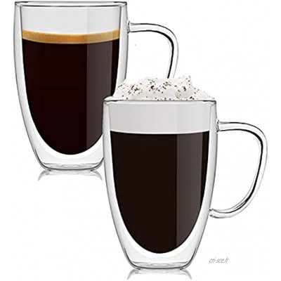 Lot de 2 verres à latte macchiato à double paroi Verres à café à thé à cappuccino en verre borosilicate 450 ml