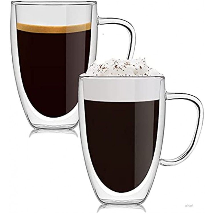 Lot de 2 verres à latte macchiato à double paroi Verres à café à thé à cappuccino en verre borosilicate 450 ml