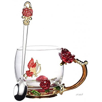 Ohomr Émail Verre Tasse de thé avec Une cuillère Set Mugs à café Fleur Papillon Rouge Clair Poignée pour la Fête de Mariage Anniversaire