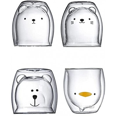 QYLJZB Lot de 4 tasses à café en verre à double paroi en forme d'ours avec motif mignon d'animal de dessin animé
