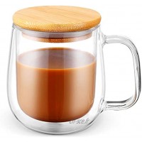 Tasse à café et à thé en verre avec couvercle en bois double paroi en verre borosilicate tasse à café avec poignée isolée passe au lave-vaisselle 400 ml