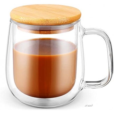 Tasse à café et à thé en verre avec couvercle en bois double paroi en verre borosilicate tasse à café avec poignée isolée passe au lave-vaisselle 400 ml
