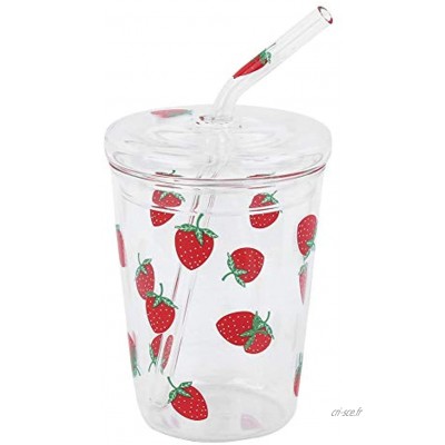 Tasse en verre d'eau capacité de 300 ml tasse en verre de jus motif fraise durable avec couvercle en paille pour tasse à lait pour tasse à jus