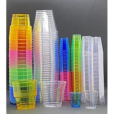 Mega Lot de 40 verres transparents 20 gobelets néon en plastique rigide 80 shots de 50 ml 80 shots de 30 ml très résistants durables et réutilisables en plastique rigide